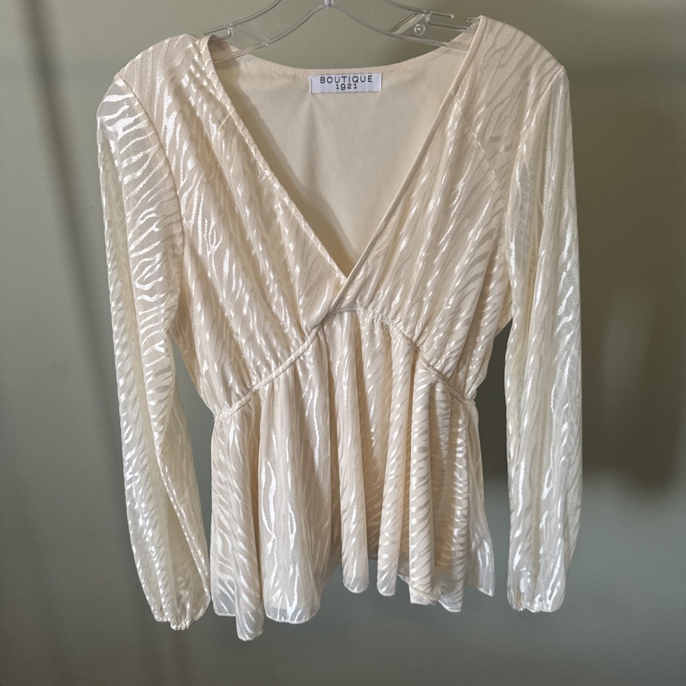 Coquette Fairycore Ivory Sheer Babydoll Top Romantic Peplum Deep V Long Sleeve M